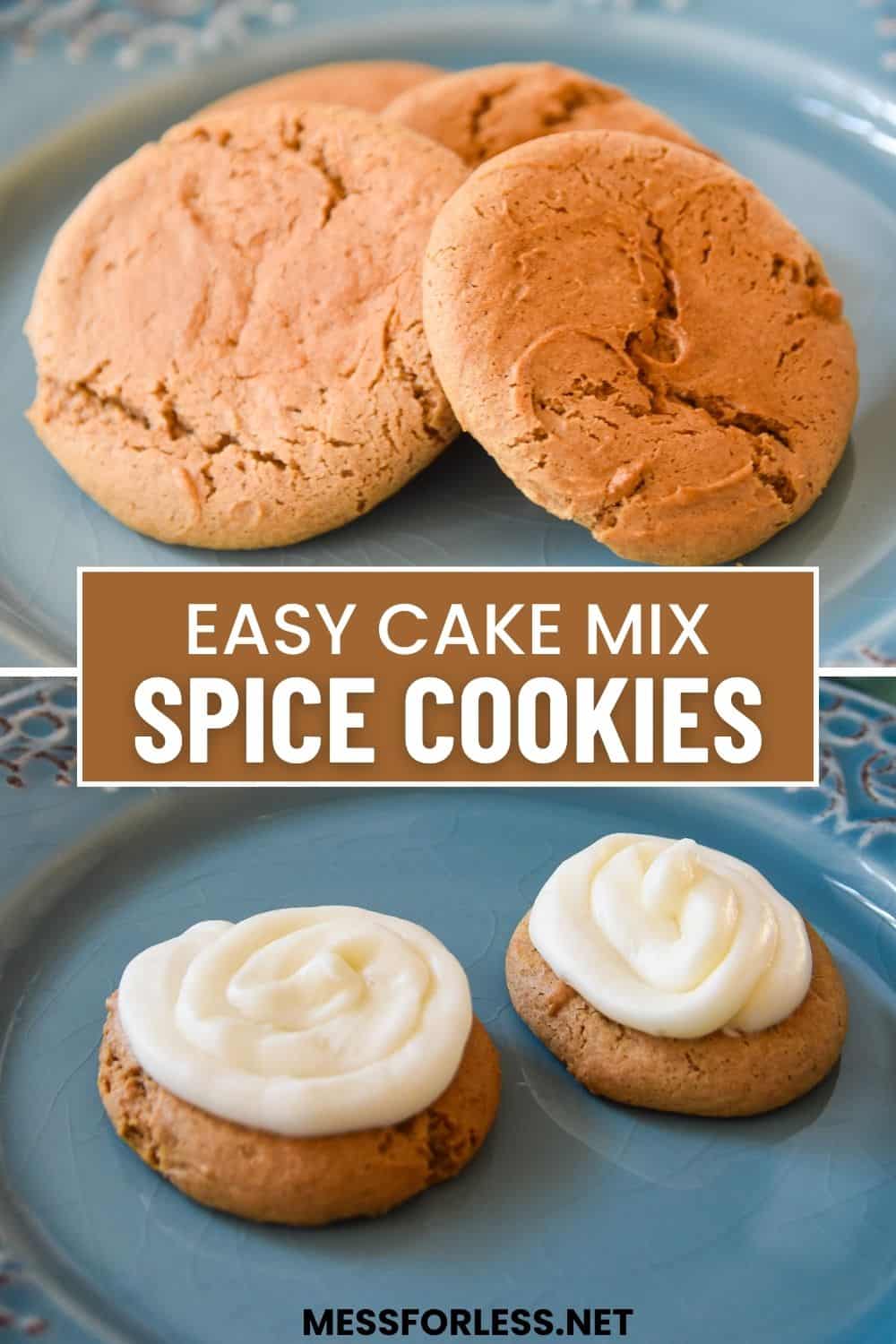Two spice cookies on a plate, next to two cookies topped with white icing, labeled Easy Spice Cake Mix Cookies.