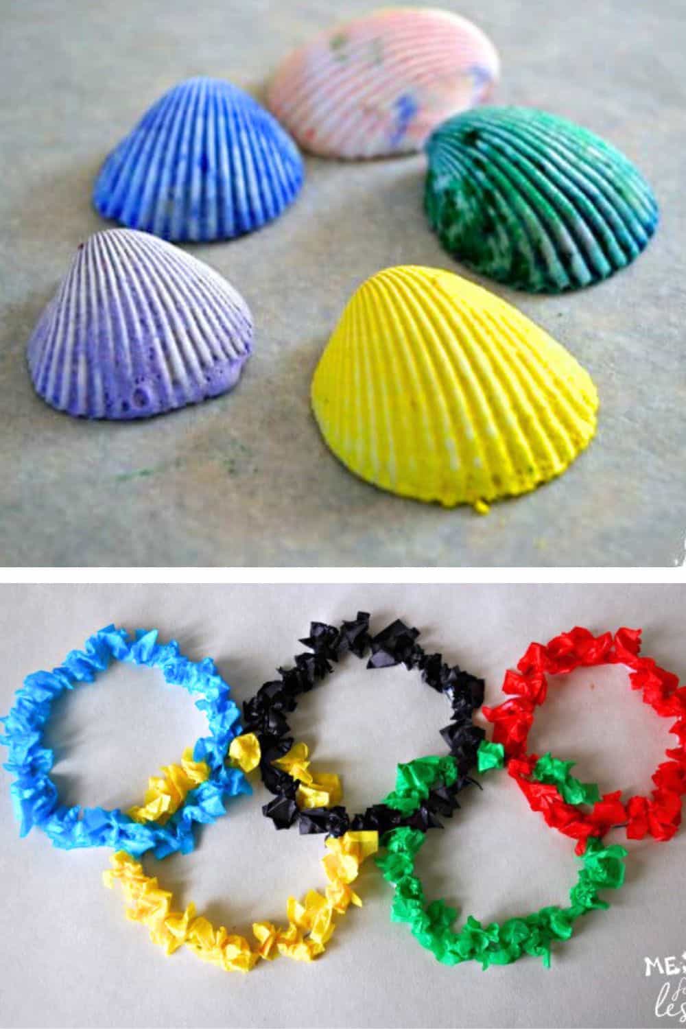 Top: Five painted seashells. Bottom: Olympic rings made from colored paper pieces
