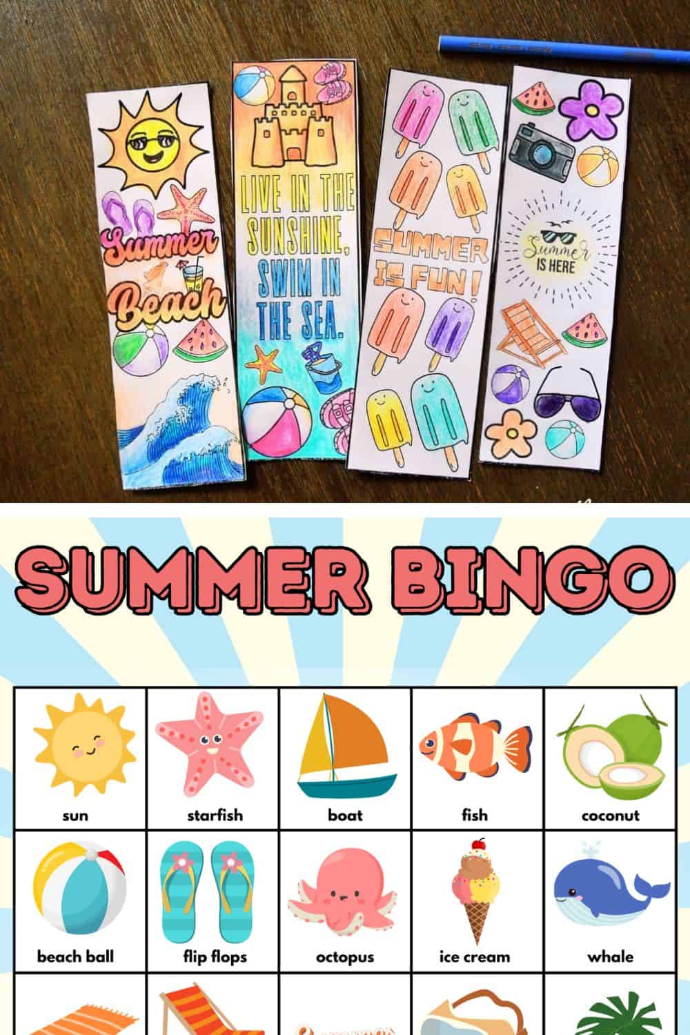 Four colorful summer bookmarks and a Summer Bingo card featuring playful icons like sun, ice cream, and boat make summer activities for kids even more fun and engaging.