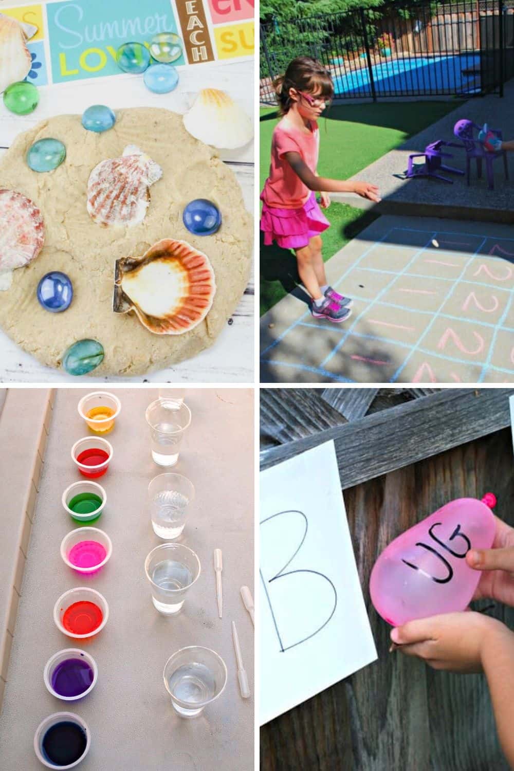 Collage of four Summer Activities for Kids: playdough shells, outdoor hopscotch, colorful paint fun, and an exciting water balloon game.