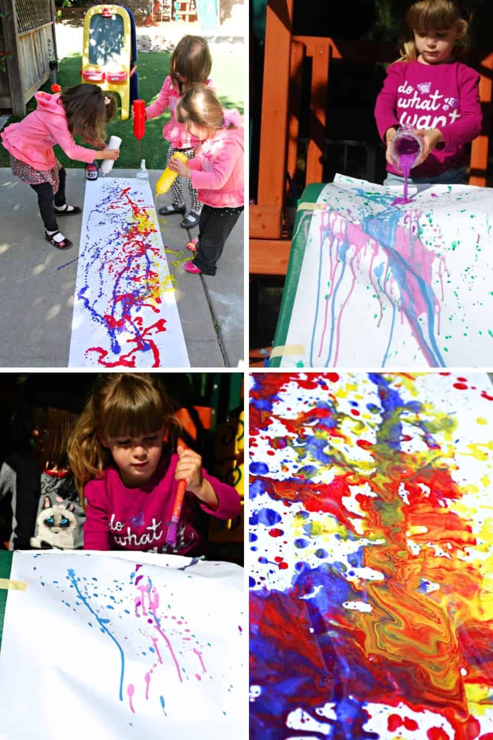Young children pour colorful paint onto a long sheet of paper outside, creating abstract, vibrant splatter art