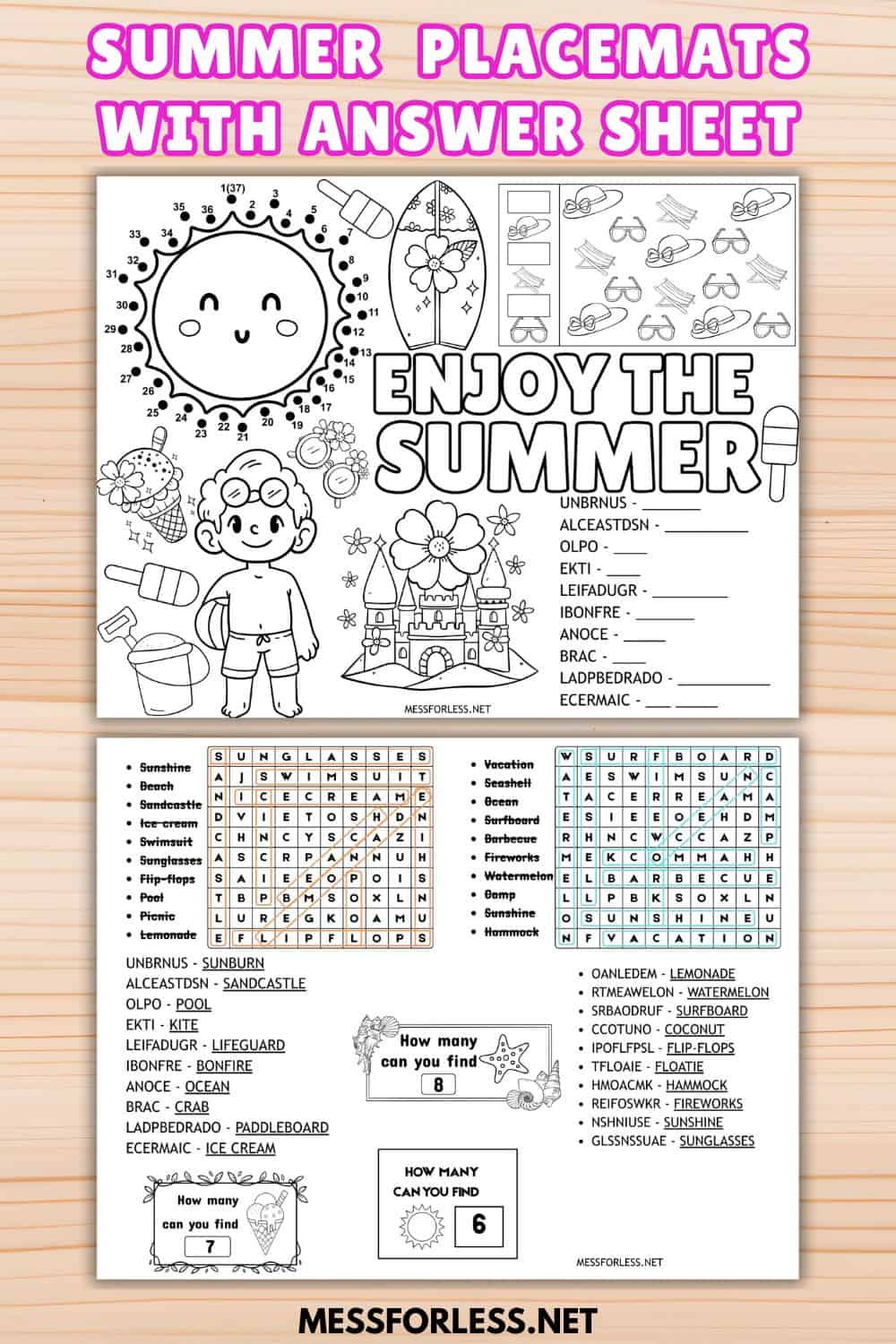 free printable summer placemats on table