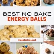 Collage of No Bake Energy Balls featuring oats, chocolate chips, and colorful candies on various plates.