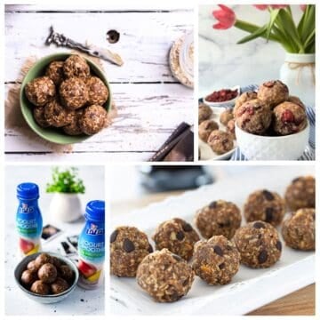 Four images of the best energy balls made with oats, nuts, and chocolate, displayed in bowls and on plates. These no bake snacks are perfect for a quick boost!.