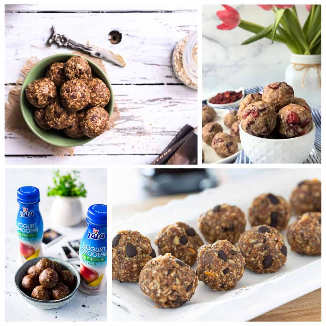 Four images of the best energy balls made with oats, nuts, and chocolate, displayed in bowls and on plates. These no bake snacks are perfect for a quick boost!.