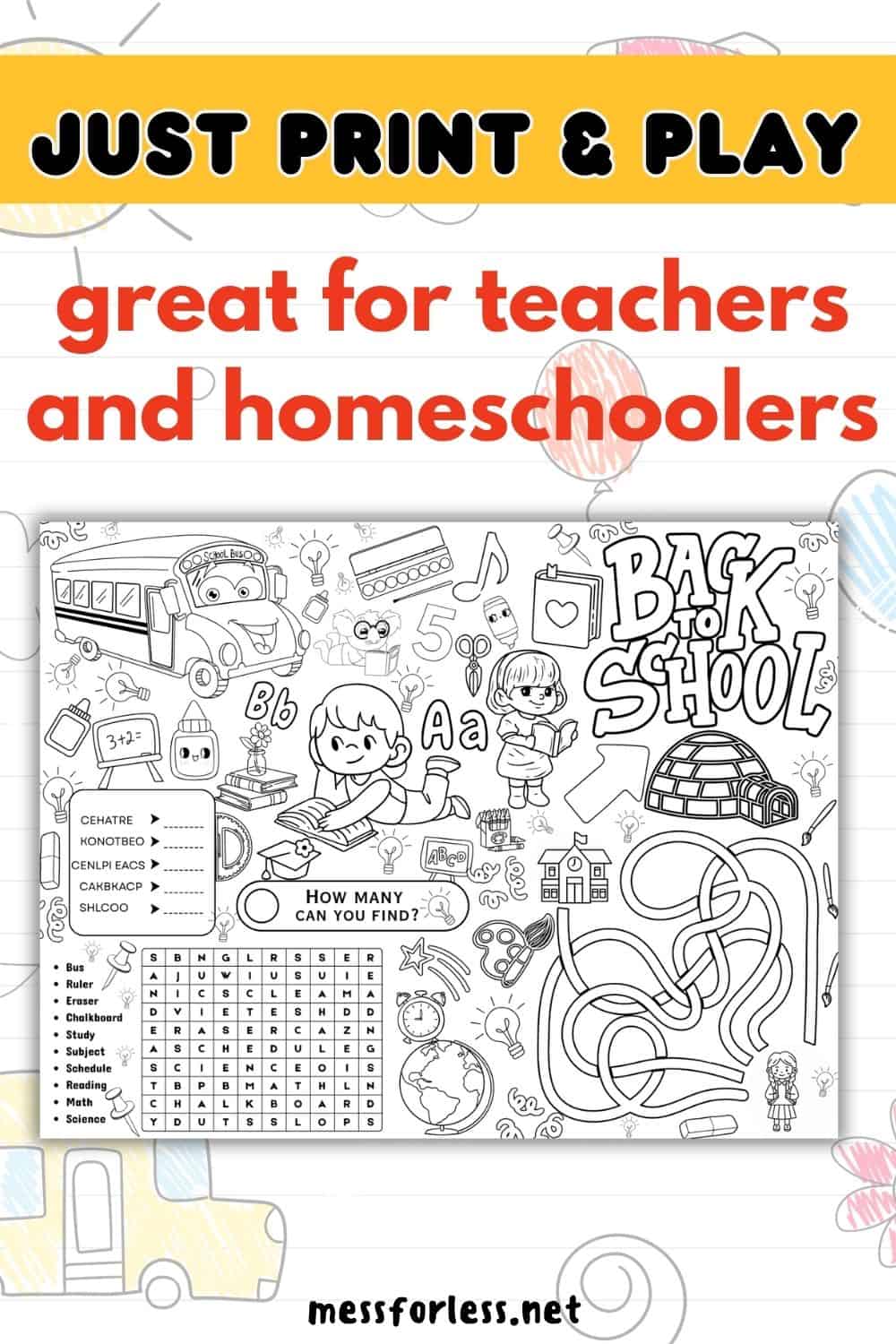Black and white back-to-school activity sheet for kids with puzzles, coloring, and mazes—perfect as free printable placemats for classroom fun!.