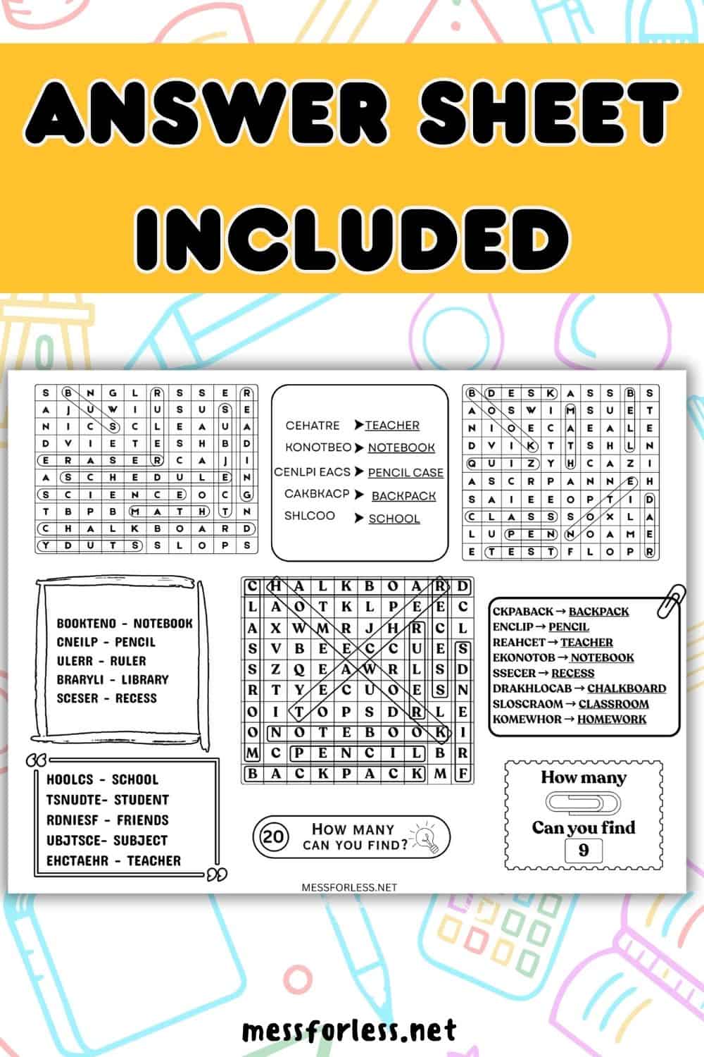 Word search puzzle answer sheet with highlighted words, labeled ANSWER SHEET INCLUDED at the top—perfect as a free printable for Back to School activities or fun placemats.