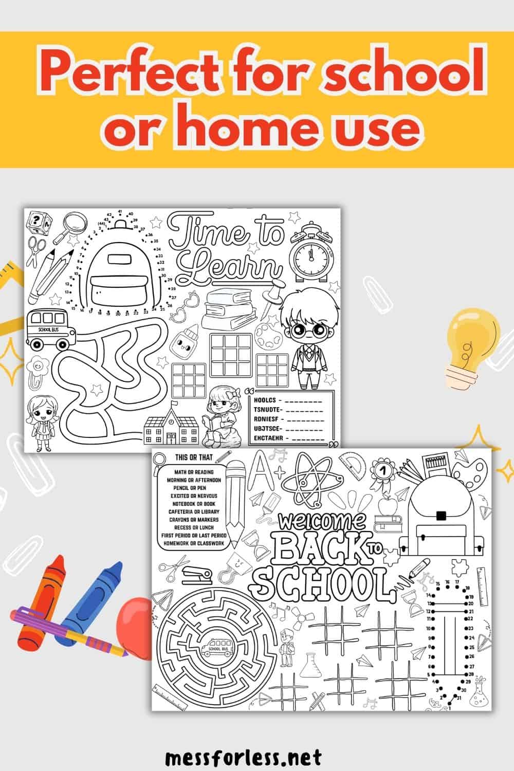 Get ready for Back to School with two free printable placemats featuring school-themed activity sheets, fun drawings to color, mazes, and puzzles for kids.