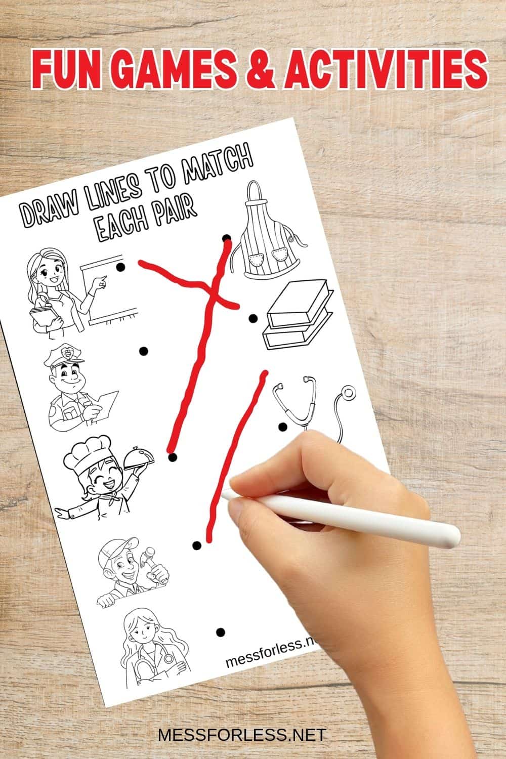 A hand draws lines matching jobs with objects on a printable kids activity sheet titled Draw lines to match each pair, perfect for an activity book or Labor Day lesson.