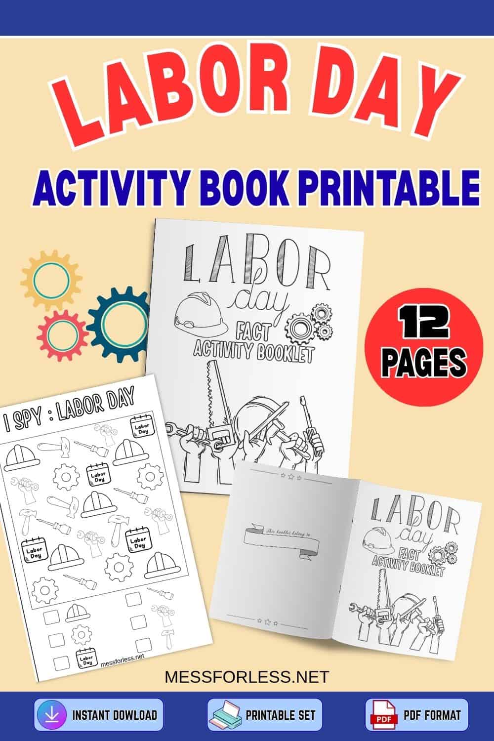 Printable Activity Book cover for Labor Day featuring coloring pages, fun text, and icons. Showcases 12 pages of Labor Day activity fun with easy download options.