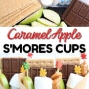 Graham crackers, chocolate, marshmallows, and apple slices come together for 15 Minute Caramel Apple S’mores Cups.