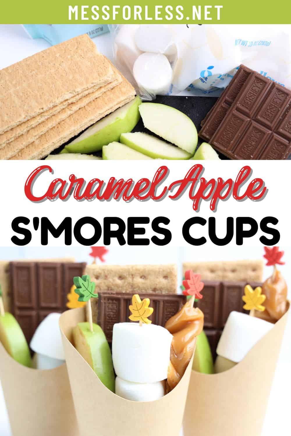 Graham crackers, chocolate, marshmallows, and apple slices come together for 15 Minute Caramel Apple S’mores Cups.