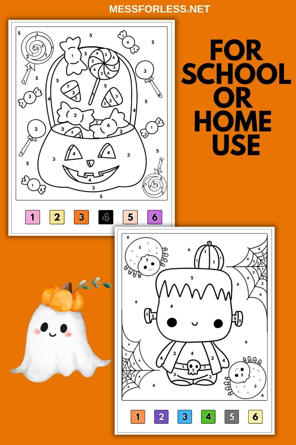 Two Halloween Color By Number worksheets featuring a pumpkin basket and a cute Frankenstein on an orange background—perfect free printables for festive fun!.