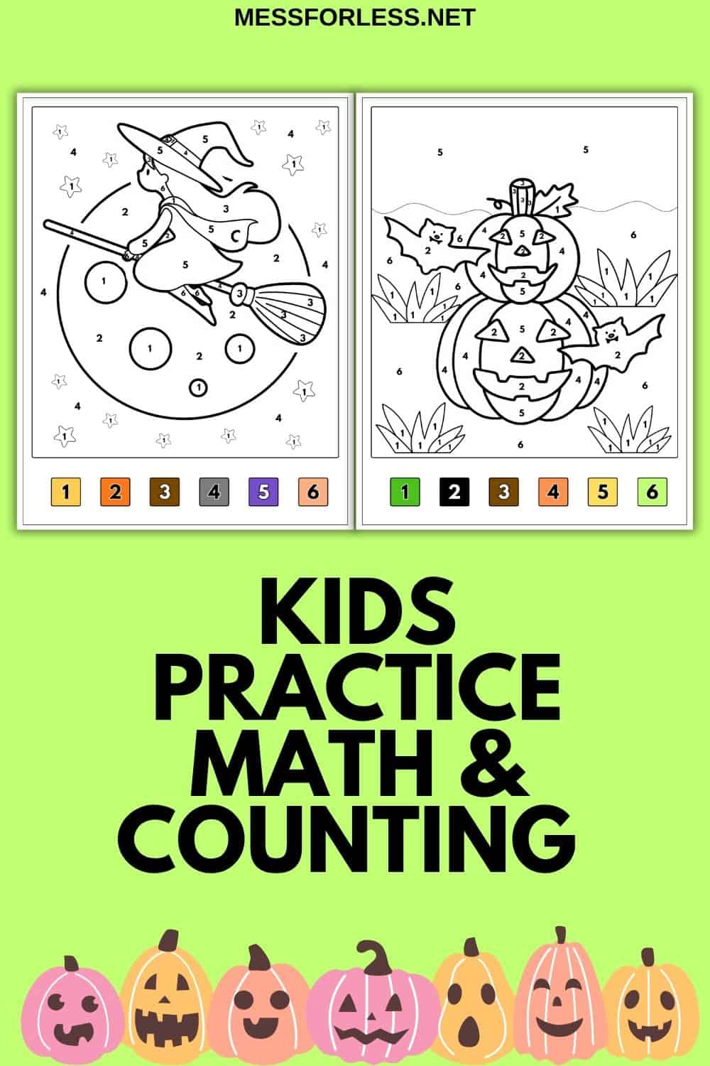 Two Halloween Color By Number worksheets featuring a witch on a broom and stacked jack-o’-lanterns—perfect Halloween Printables for kids.