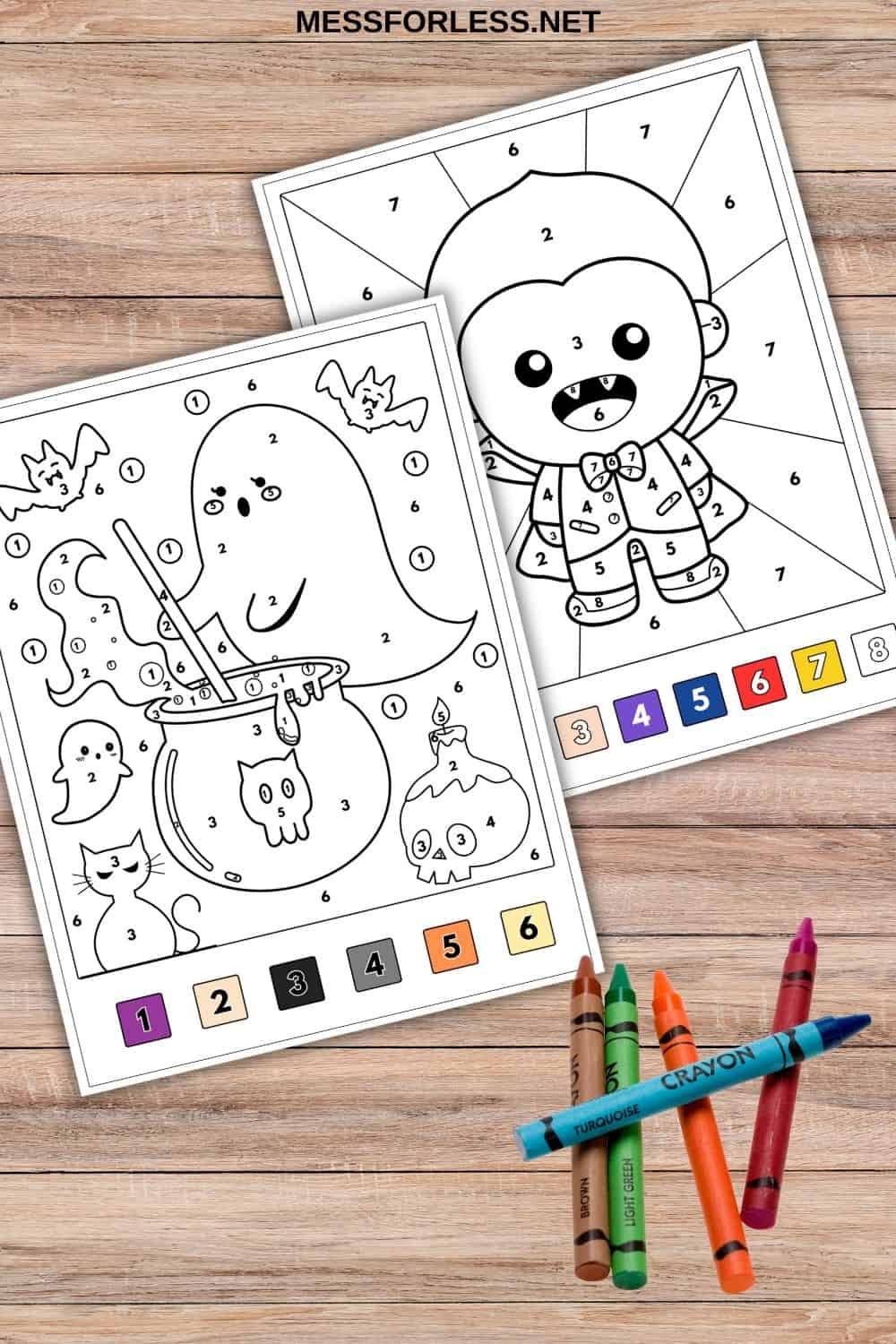Two Halloween Color By Number pages with crayons; one features a ghost, the other a cartoon vampire. Enjoy these free printables for a fun and creative spooky season activity!.