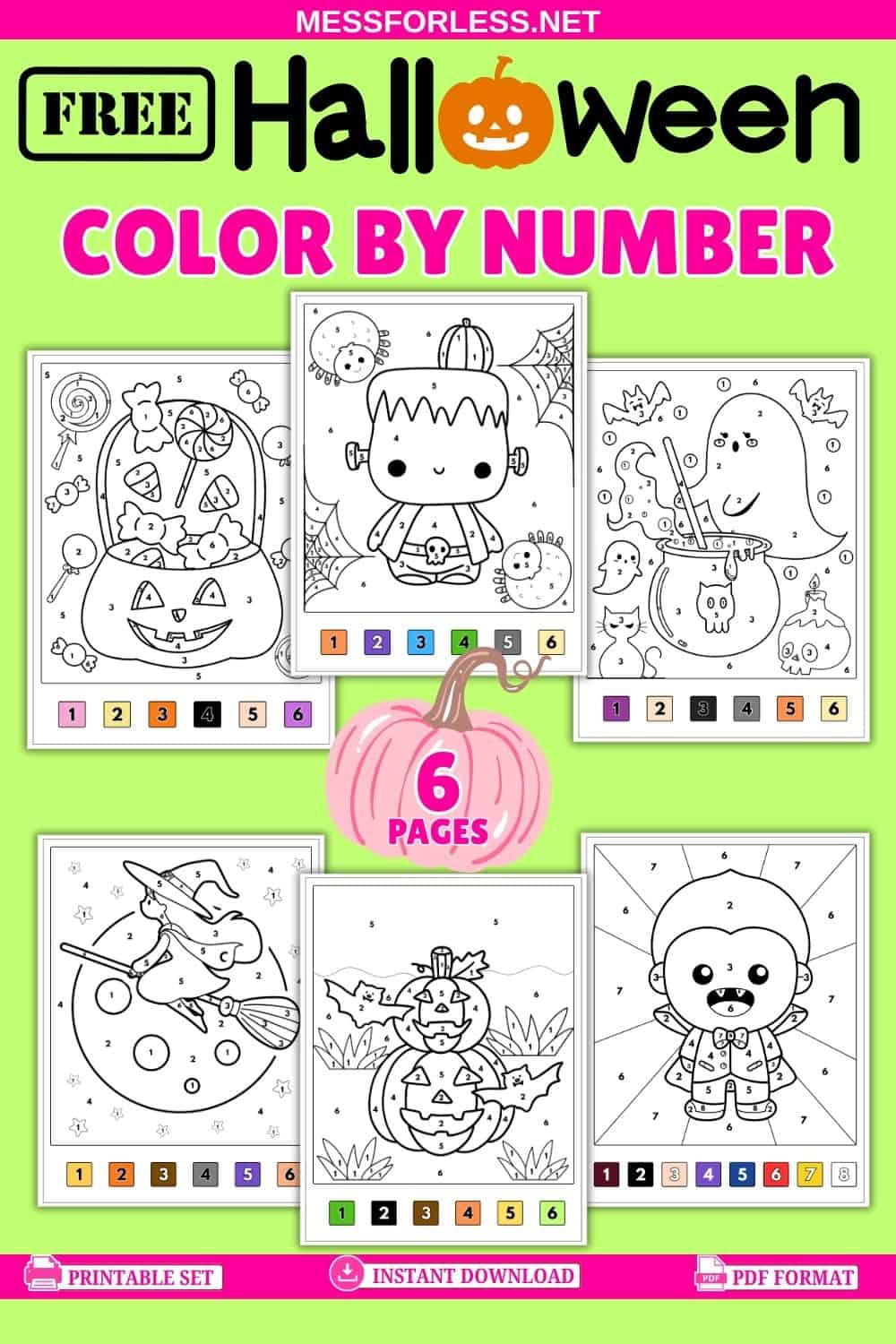 Six cute Halloween Color By Number coloring pages with cartoon characters, plus a FREE Halloween banner—perfect for festive fun! Grab these Free Printables to add some spooky charm to your celebrations.