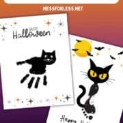 Create spooky black cats with these fun handprint crafts and footprint crafts—perfect Halloween printables for little ones! Includes Happy Halloween text.