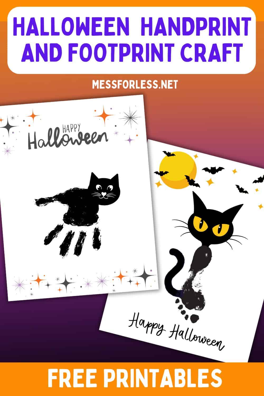 Create spooky black cats with these fun handprint crafts and footprint crafts. perfect Halloween printables for little ones! Includes Happy Halloween text.