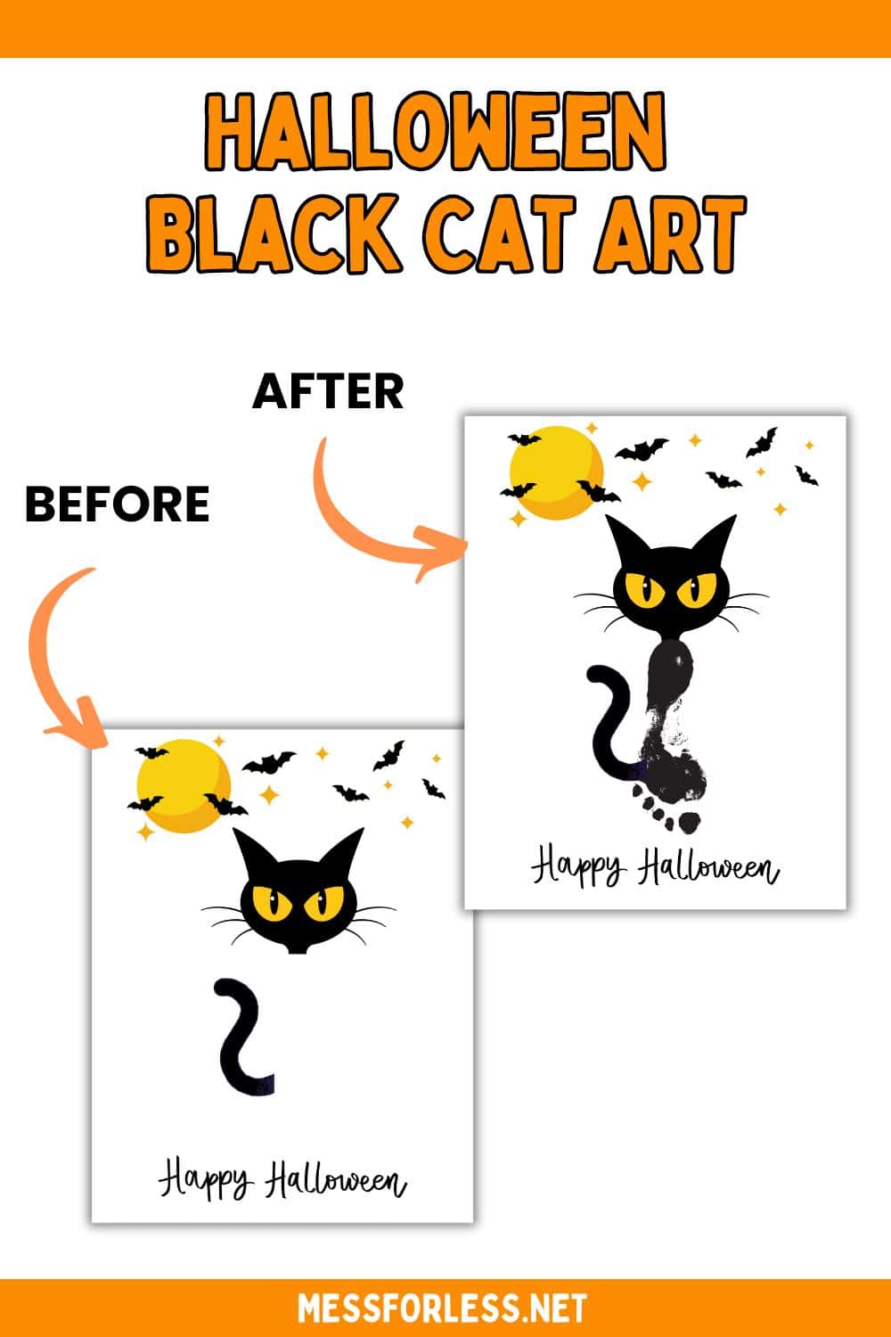Two Halloween cat art printables: one features a plain tail, while the other has a child’s footprint as the tail.