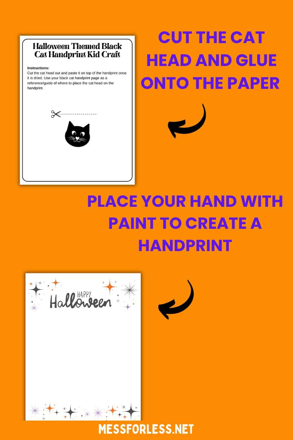 Halloween cat craft instructions with steps to cut and glue a cat head and make a painted handprint on paper