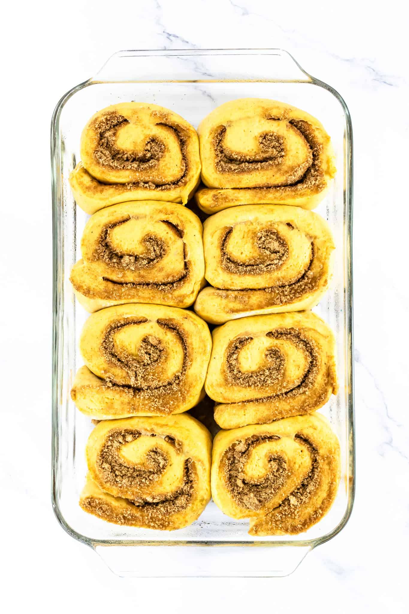 Eight unbaked Pumpkin Cinnamon Rolls arranged in a glass baking dish on a white background.