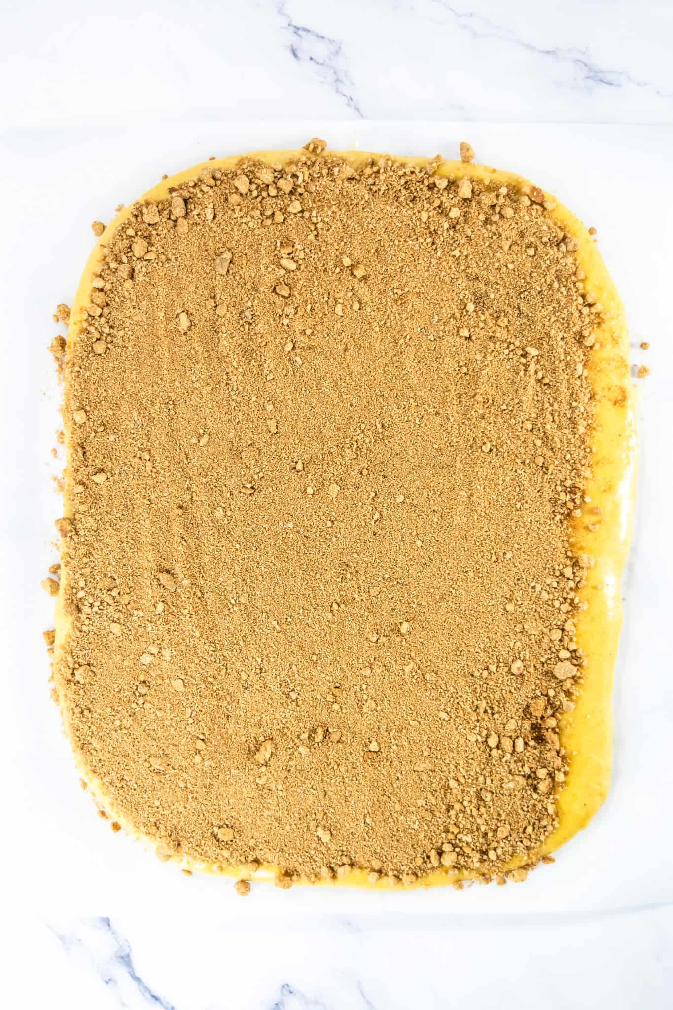 Rectangular rolled dough topped evenly with a layer of brown sugar and cinnamon on a marble surface, perfect for making pumpkin cinnamon rolls.