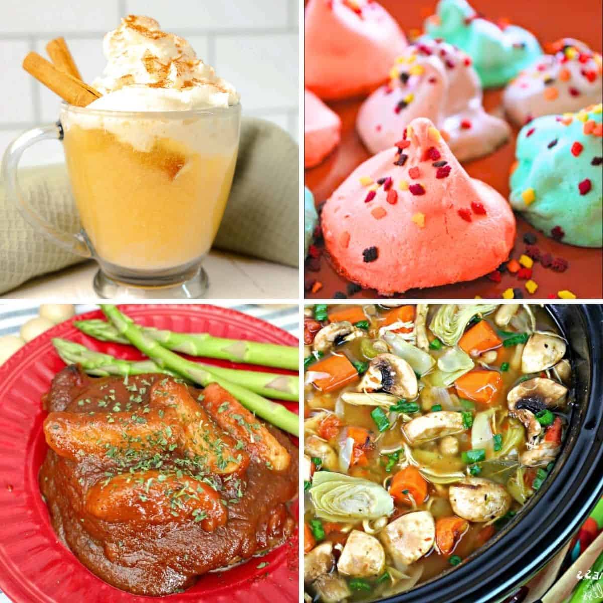 Four easy fall recipes: a whipped drink, colorful meringues, saucy meat with asparagus, and a veggie stew simmering in the slow cooker.