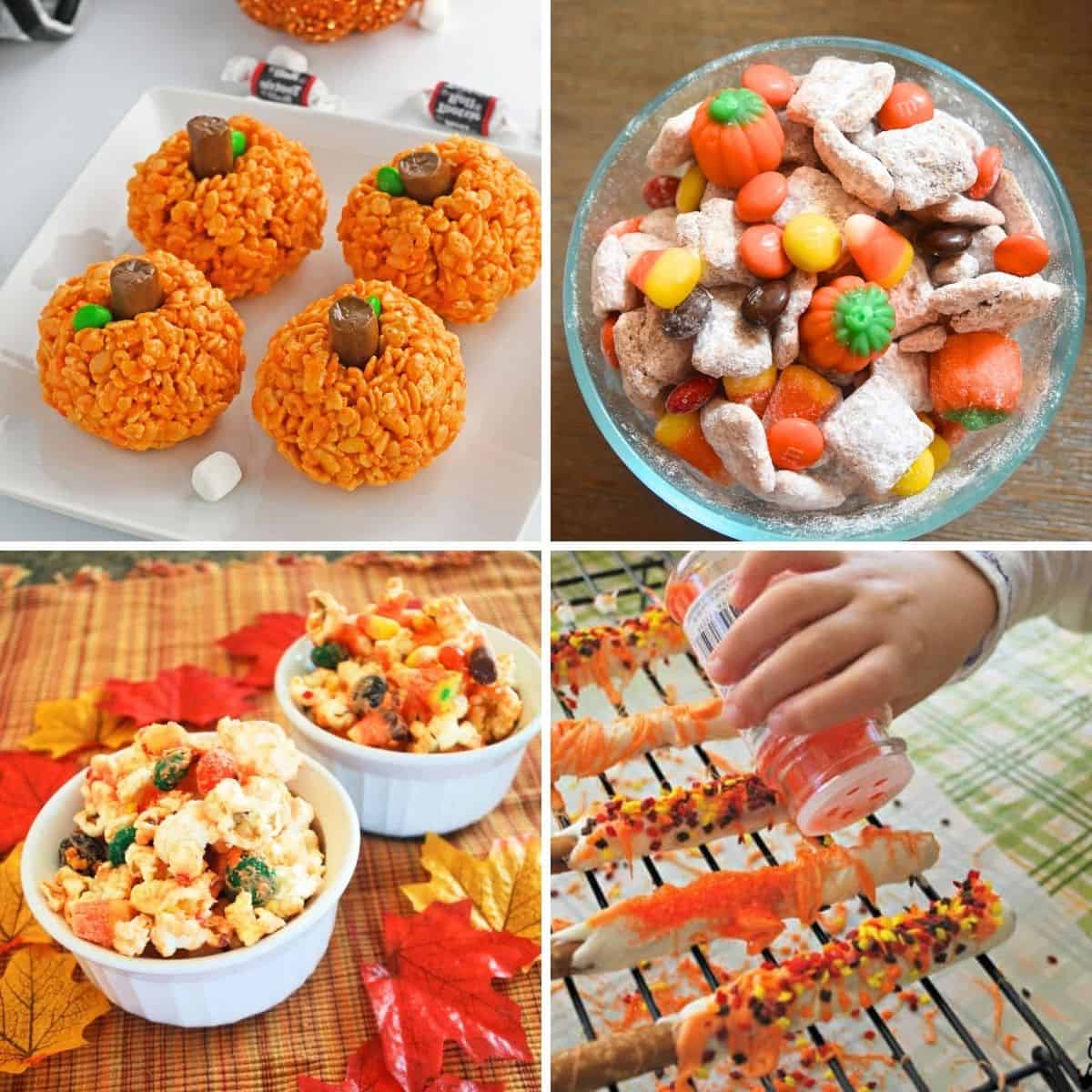 Enjoy four easy fall recipes: pumpkin rice treats, Halloween puppy chow, candy popcorn, and sprinkle-covered pretzel rods