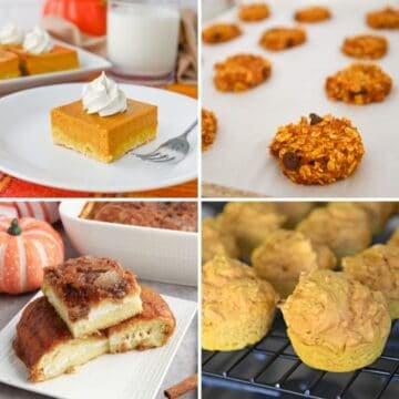A collage of pumpkin desserts—bars, cookies, muffins, and cinnamon rolls—displayed on plates and trays