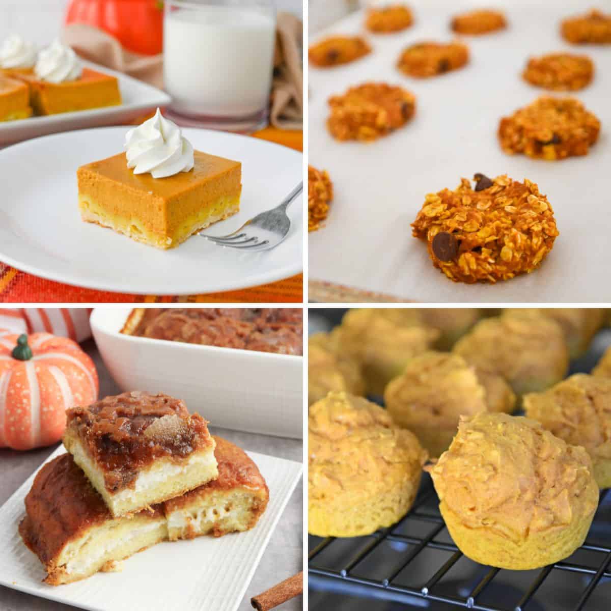 A collage of pumpkin desserts—bars, cookies, muffins, and cinnamon rolls—displayed on plates and trays