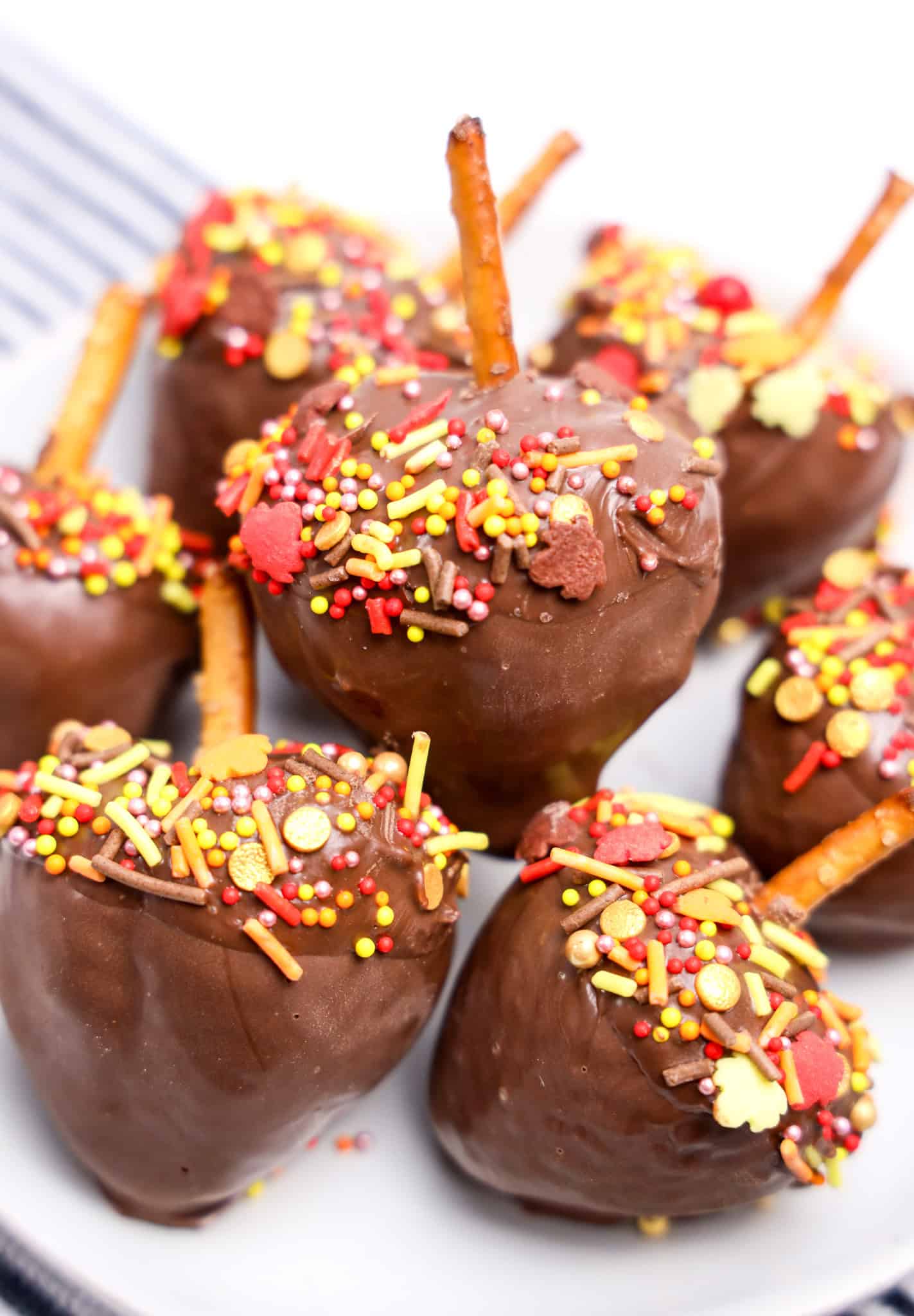 Chocolate Covered Strawberry Acorns with colorful sprinkles and pretzel stick stems are arranged on a white plate, creating delightful, acorn-shaped treats.