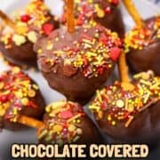 Chocolate-covered strawberries shaped like adorable strawberry acorns, topped with sprinkles and pretzel sticks, are arranged on a white plate.