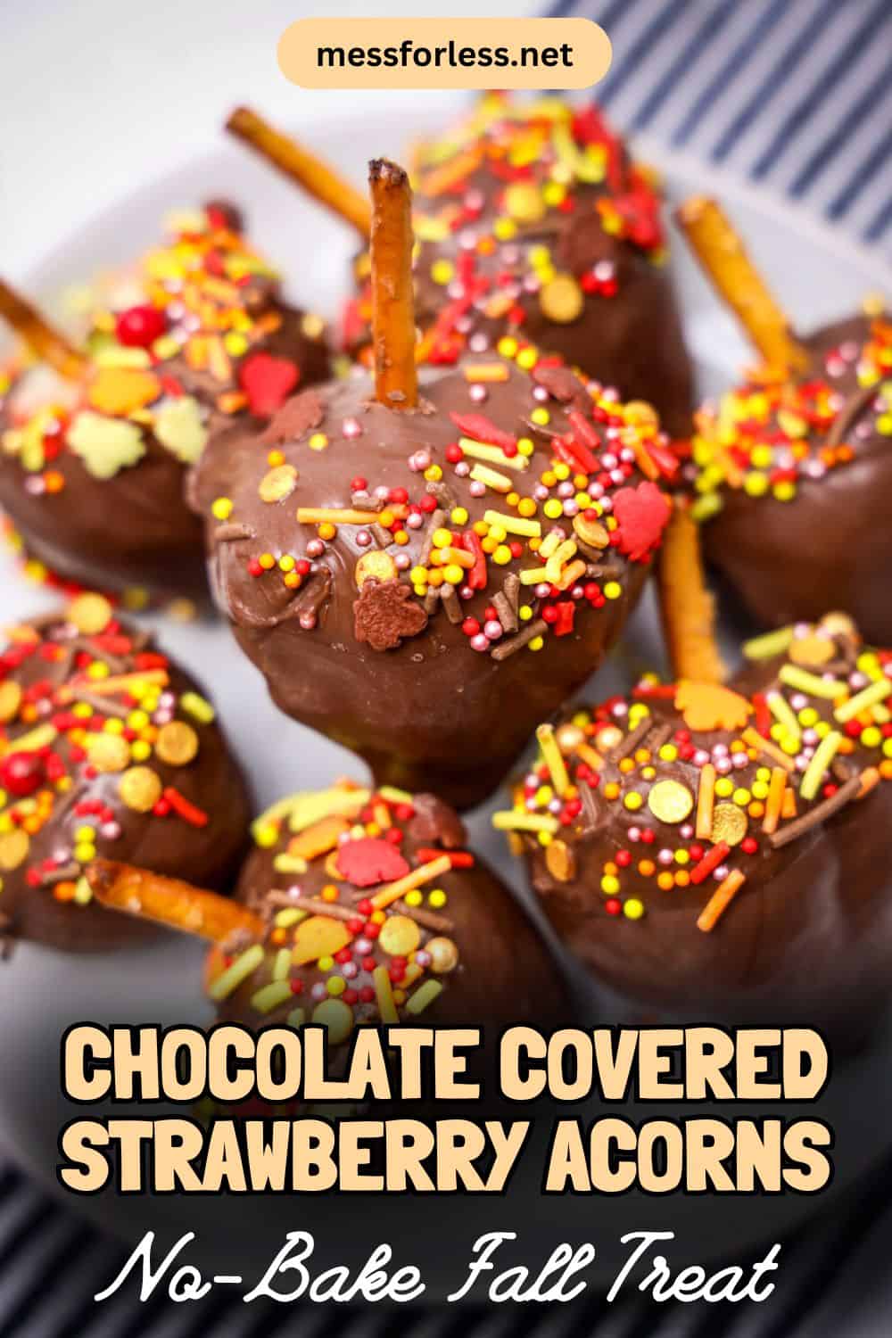Chocolate-covered strawberries shaped like adorable strawberry acorns, topped with sprinkles and pretzel sticks, are arranged on a white plate.