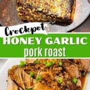 A Crockpot honey garlic pork roast topped with chopped garlic, sliced and garnished with green onions on a plate.