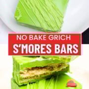 Grinch S'mores Bars featuring a graham cracker layer and topped with red heart decorations—this whimsical Grinch dessert is the perfect holiday s'mores recipe for festive gatherings.