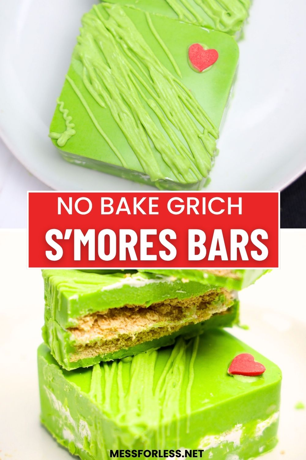 Grinch S'mores Bars featuring a graham cracker layer and topped with red heart decorations—this whimsical Grinch dessert is the perfect holiday s'mores recipe for festive gatherings.