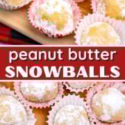 Peanut Butter Snowballs covered in powdered sugar, arranged in paper cups on a wooden board, make these classic snowballs a delightful treat for any occasion.