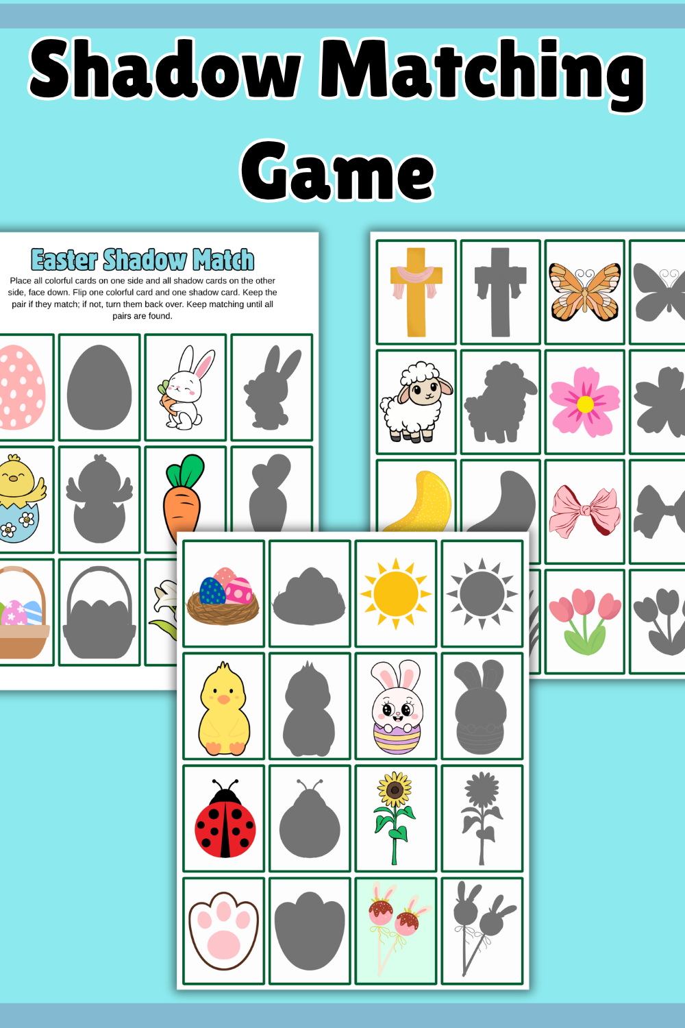 Three Easter-themed shadow matching game sheets from our Printable Pack, featuring colorful images and their matching gray shadows—perfect Easter Matching Games activities for kids.
