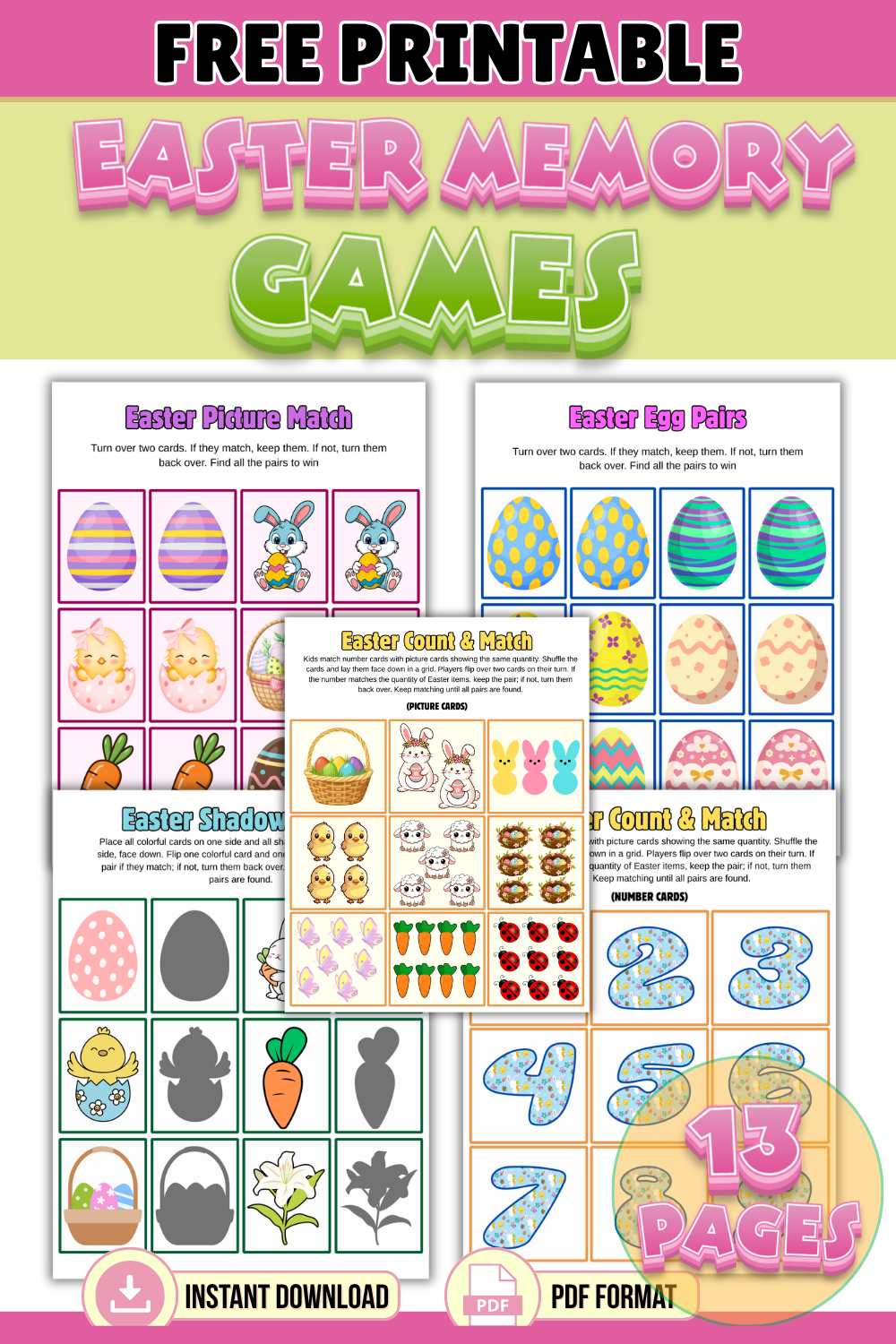 Colorful Easter Memory and Matching Games printable PDF pack with eggs, bunnies, chicks, and fun activities for kids—13 pages of engaging Easter-themed activities.