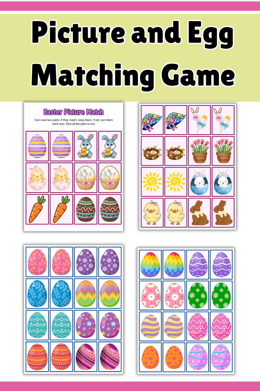 Easter-themed picture and egg matching game with colorful eggs, animals, and spring symbols on cards—perfect for activities for kids. Enjoy this fun Easter matching game as part of your printable pack!.