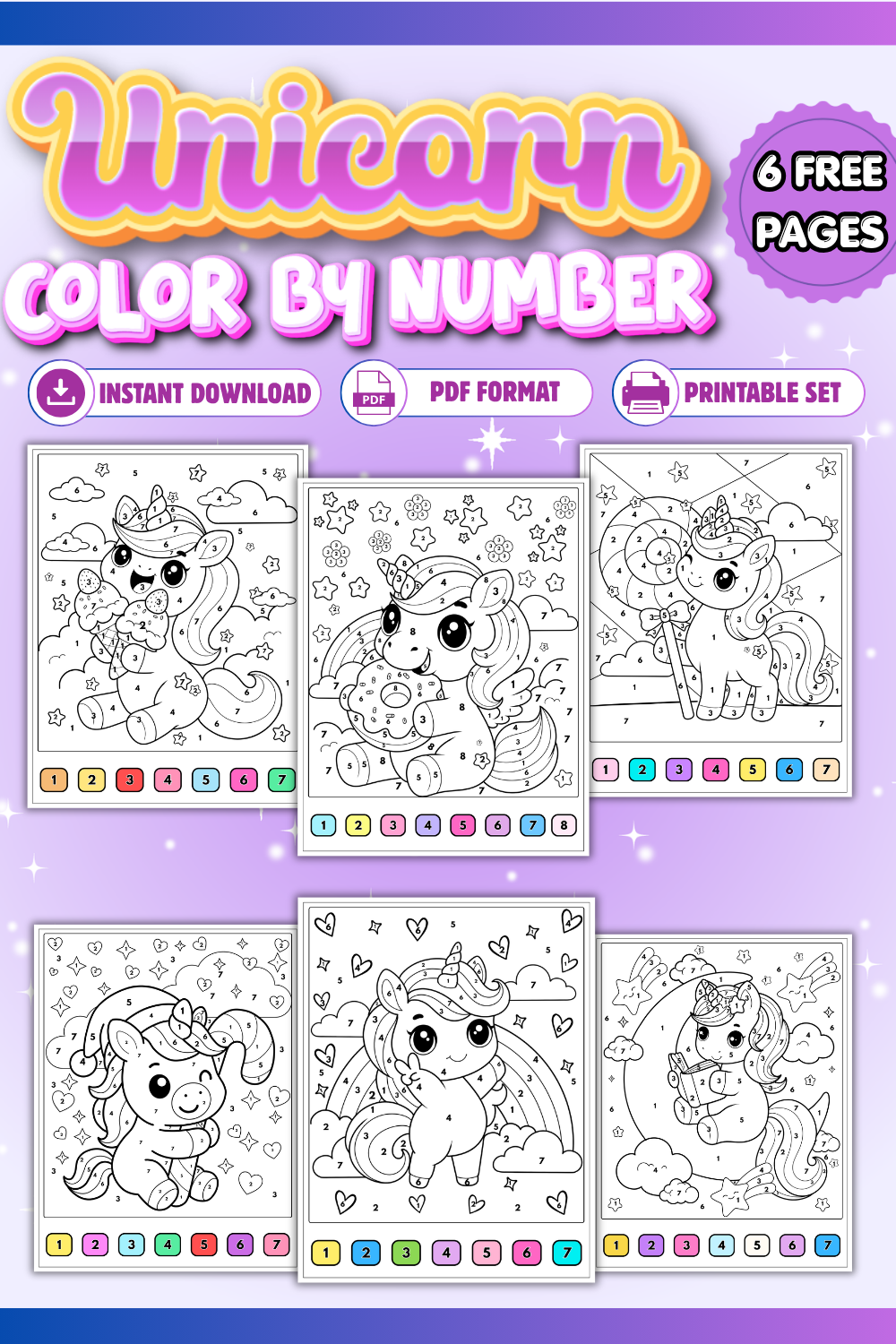Six unicorn color-by-number pages with numbers and color keys on a purple background, labeled as free printable—perfect for Kids Coloring Sheets or anyone searching for Free Unicorn Coloring fun.