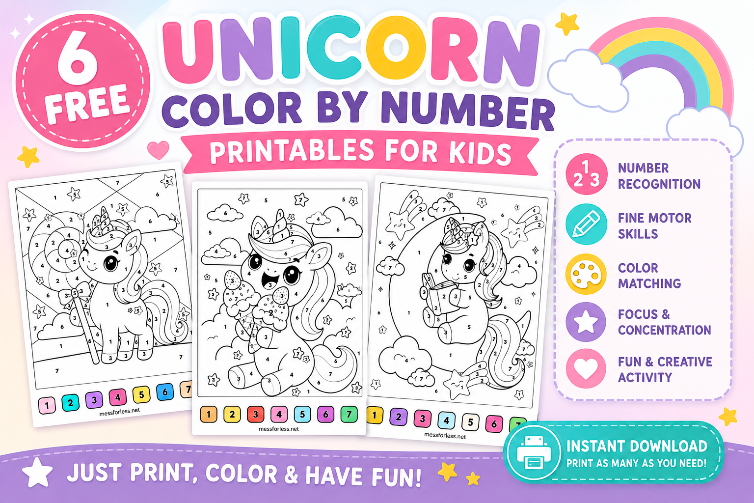 Three delightful unicorn color-by-number printable sheets for kids, featuring vibrant promotional text and easy download information. Perfect for hours of magical coloring fun!.