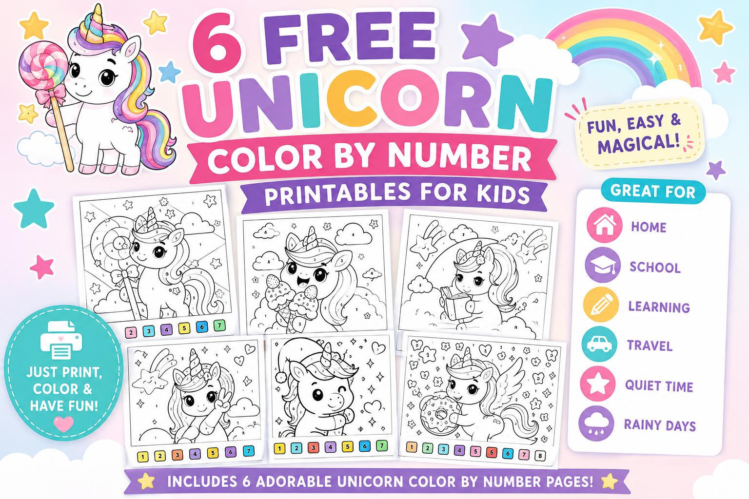 Discover 6 free printable Unicorn color by number sheets for kids, featuring sample images and a cute unicorn holding a lollipop. Perfect for creative fun and easy activities!.