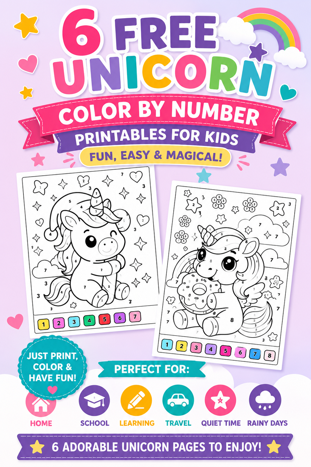 Unicorn Color by Number printable sheets for kids, featuring two unicorns with stars, hearts, and easy-to-follow number guides.
